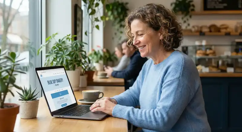 Client satisfait regardant son nouveau site web professionnel